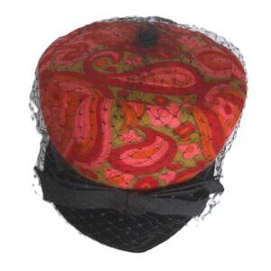 Vintage Psychedelic 60s Pillbox Hat Groovy Red Paisley Print with Black Veil